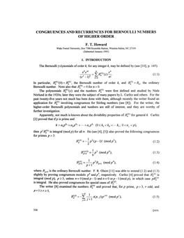 CONGRUENCES and RECURRENCES for BERNOULLI NUMBERS of HIGHER ORDER F. T. Howard = Y # (