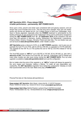 Press Release CW34 a Better Performance – Permanently: ABT POWER DAYS