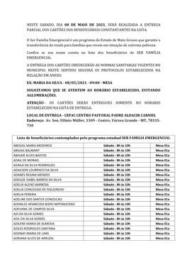 Neste Sabado, Dia 08 De Maio De 2021, Será Realizada a Entrega Parcial Dos Cartões Dos Beneficiários Constantantes Na Lista