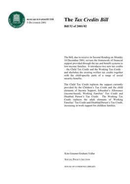 Tax Credits Bill 5 DECEMBER 2001 Bill 52 of 2001/02