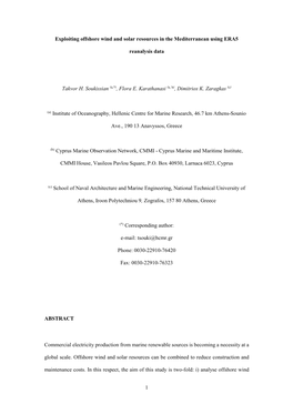 1 Exploiting Offshore Wind and Solar Resources in the Mediterranean Using ERA5 Reanalysis Data Takvor H. Soukissian