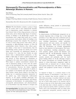 Stereospecific Pharmacokinetics and Pharmacodynamics of Beta- Adrenergic Blockers in Humans