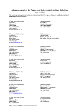 Adressenverzeichnis Der Wasser- Und Bodenverbände Im Kreis Ostholstein (Stand: 24.03.2021)