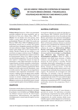 Uso Do Hábitat, Predação E Estrutura De Tamanho De Voluta Ebraea Linnaeus, 1758 (Mollusca, Volutidae) Nos Recifes Do Cabo Branco (João Pessoa, Pb)