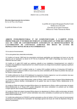 Arrêté Interpréfectoral Complémentaire D'autorisation D'épandage Agricole Des Boues De L Unité De Depollution Monge
