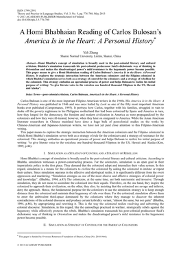 A Homi Bhabhaian Reading of Carlos Bulosan‟S America Is in the Heart: a Personal History