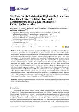 Synthetic Secoisolariciresinol Diglucoside Attenuates Established Pain, Oxidative Stress and Neuroinflammation in a Rodent Model