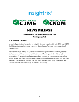 NEWS RELEASE Saskatchewan Party Leadership Race Poll January 22, 2018