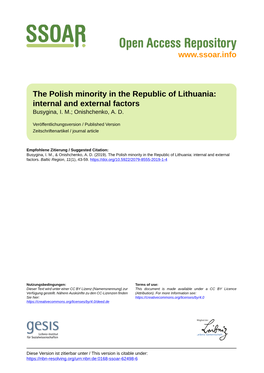 The Polish Minority in the Republic of Lithuania: Internal and External Factors Busygina, I