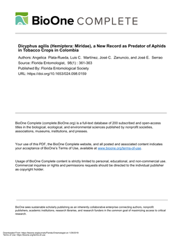 Dicyphus Agilis (Hemiptera: Miridae), a New Record As Predator of Aphids in Tobacco Crops in Colombia Authors: Angelica Plata-Rueda, Luis C