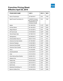 Franchise Pricing Sheet: Effective April 25, 2014