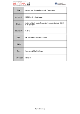 Title Hazards from Surface Faulting in Earthquakes Author(S) KOBAYASHI