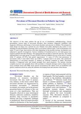 Prevalence of Movement Disorders in Pediatric Age Group. Int J Health Sci Res