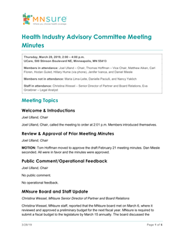 Mnsure Health Industry Advisory Committee Meeting Minutes for 3-28-2019