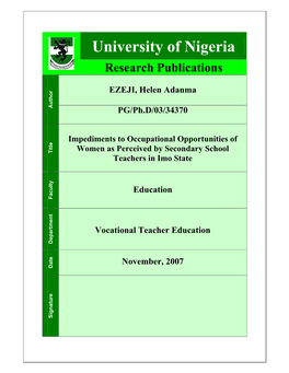 Impediments to Occupational Opportunities of Women As Perceived by Secondary School Title Title Teachers in Imo State