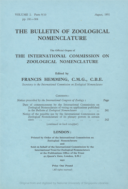The Bulletin of Zoological Nomenclature, Vol.2, Part 9-10