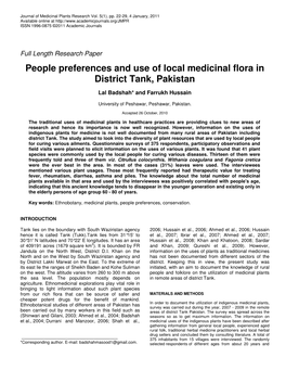 People Preferences and Use of Local Medicinal Flora in District Tank, Pakistan