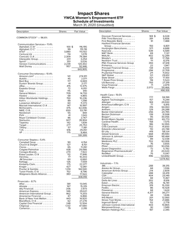 Impact Shares YWCA Women’S Empowerment ETF Schedule of Investments March 31, 2020 (Unaudited)