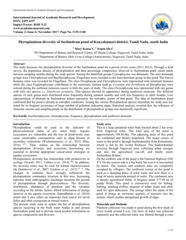 Phytoplankton Diversity of Suchindram Pond of Kanyakumari District, Tamil Nadu, South India