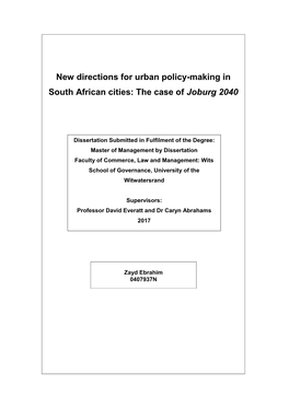 New Directions for Urban Policy-Making in South African Cities: the Case of Joburg 2040