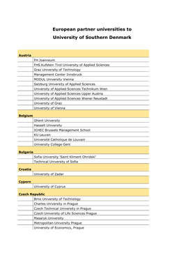 European Partner Universities to University of Southern Denmark