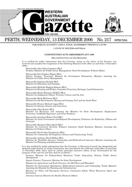 PERTH, WEDNESDAY, 13 DECEMBER 2006 No. 217 SPECIAL PUBLISHED by AUTHORITY JOHN A