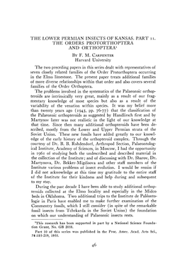 THE LOWER PERMIAN INSECTS of KANSAS. PART Io the ORDERS PRO'forthoptera and ORTHOPTERA by F. M.CARPENTER .Scribed, Mostly Ro.M