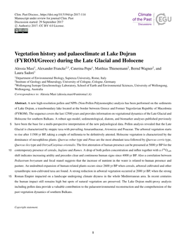 Vegetation History and Palaeoclimate at Lake Dojran (FYROM