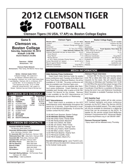 2012 CLEMSON TIGER FOOTBALL Clemson Tigers (16 USA, 17 AP) Vs