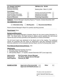 AC TRANSIT DISTRICT GM Memo No. 08-044 Board of Directors Executive Summary Meeting Date: March 12, 2008