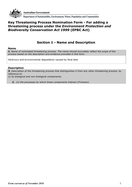 Key Threatening Process Nomination Form - for Adding a Threatening Process Under the Environment Protection and Biodiversity Conservation Act 1999 (EPBC Act)