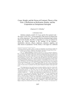 Coase, Knight, and the Nexus-Of-Contracts Theory of the Firm: a Reflection on Reification, Reality, and the Corporation As Entrepreneur Surrogate