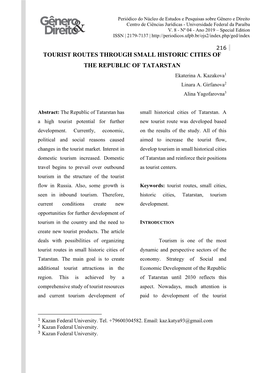 TOURIST ROUTES THROUGH SMALL HISTORIC CITIES of the REPUBLIC of TATARSTAN Ekaterina A