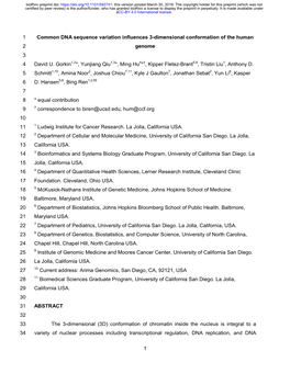 1 Common DNA Sequence Variation Influences 3-Dimensional Conformation of the Human 2 Genome 3 4 David U