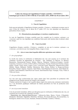 Cahier Des Charges De L'appellation D'origine Contrôlée « VENTOUX
