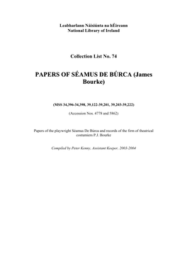 PAPERS of SÉAMUS DE BÚRCA (James Bourke)