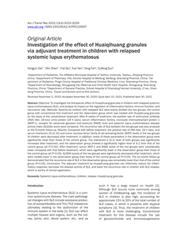 Original Article Investigation of the Effect of Huaiqihuang Granules Via Adjuvant Treatment in Children with Relapsed Systemic Lupus Erythematosus