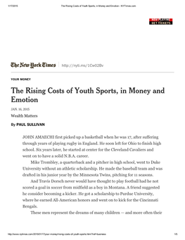 The Rising Costs of Youth Sports, in Money and Emotion ­ Nytimes.Com