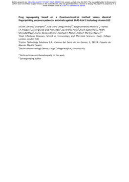 Drug Repurposing Based on a Quantum-Inspired Method Versus Classical Fingerprinting Uncovers Potential Antivirals Against SARS-Cov-2 Including Vitamin B12