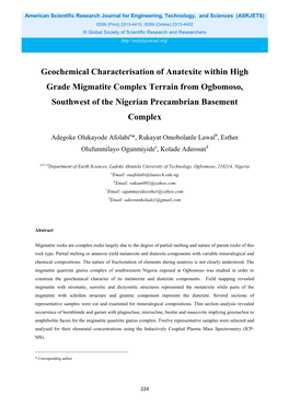 Geochemical Characterisation of Anatexite Within High Grade Migmatite Complex Terrain from Ogbomoso, Southwest of the Nigerian Precambrian Basement Complex