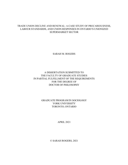 A Case Study of Precariousness, Labour Standards, and Union Responses in Ontario’S Unionized Supermarket Sector