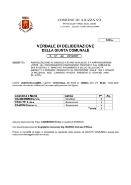 COMUNE DI ARIZZANO Provincia Del Verbano Cusio Ossola