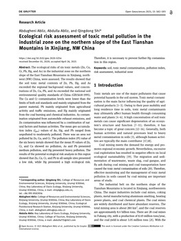 Ecological Risk Assessment of Toxic Metal Pollution in the Industrial