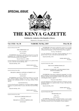 THE KENYA GAZETTE Published by Authority of the Republic of Kenya (Registered As a Newspaper at the G.P.O.)