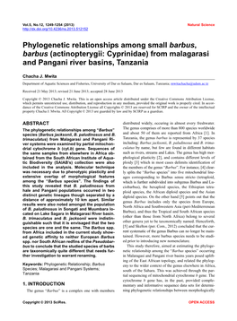 Phylogenetic Relationships Among Small Barbus, Barbus (Actinopterygii: Cyprinidae) from Malagarasi and Pangani River Basins, Tanzania