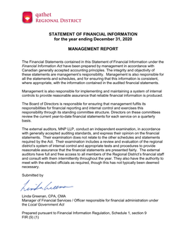 STATEMENT of FINANCIAL INFORMATION for the Year Ending December 31, 2020