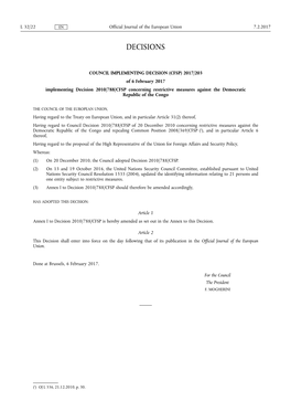 (CFSP) 2017/203 of 6 February 2017 Implementing Decision 2010/788/CFSP Concerning Restrictive Measures Against the Democratic Republic of the Congo