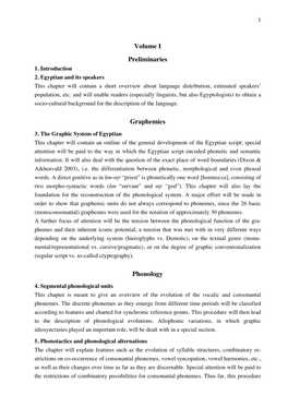 Volume I Preliminaries Graphemics Phonology