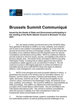 Brussels Summit Communiqué Issued by the Heads of State and Government Participating in the Meeting of the North Atlantic Council in Brussels 14 June 2021