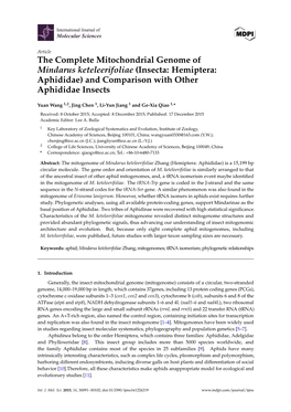 The Complete Mitochondrial Genome of Mindarus Keteleerifoliae (Insecta: Hemiptera: Aphididae) and Comparison with Other Aphididae Insects